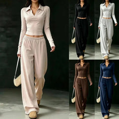 Black Polo V-neck Long Sleeve Crop Top & Elastic Waist Wide Leg Pants Two Piece Set