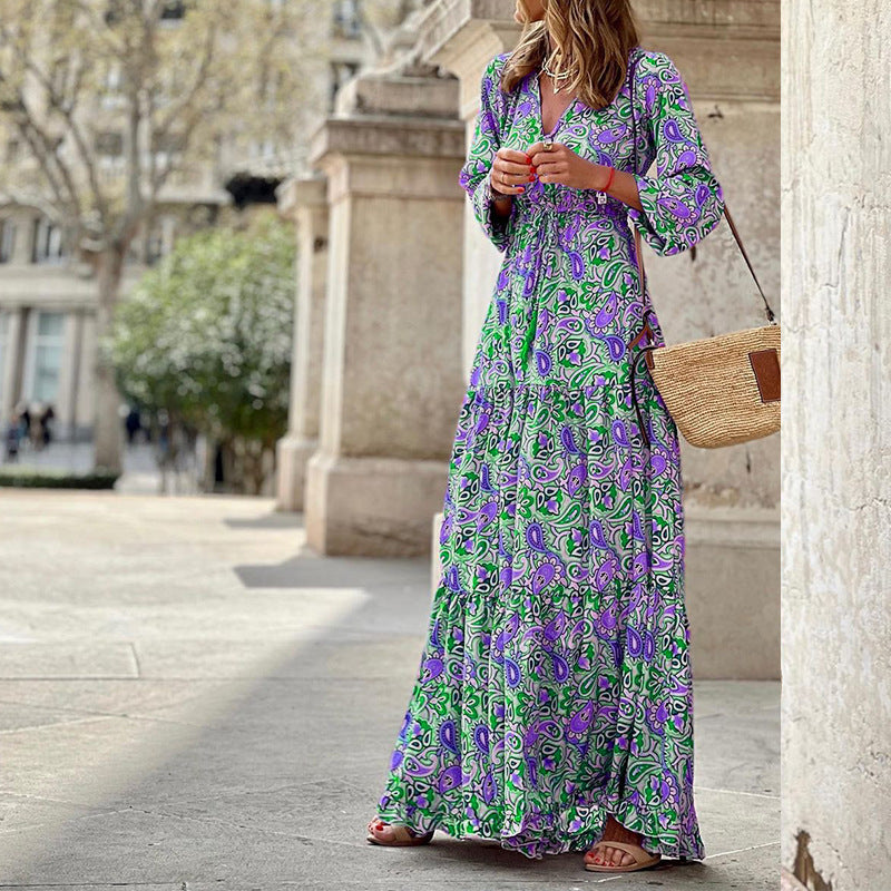 Paisley Print V-Neck Long Sleeve Drawstring Waist Maxi Dress