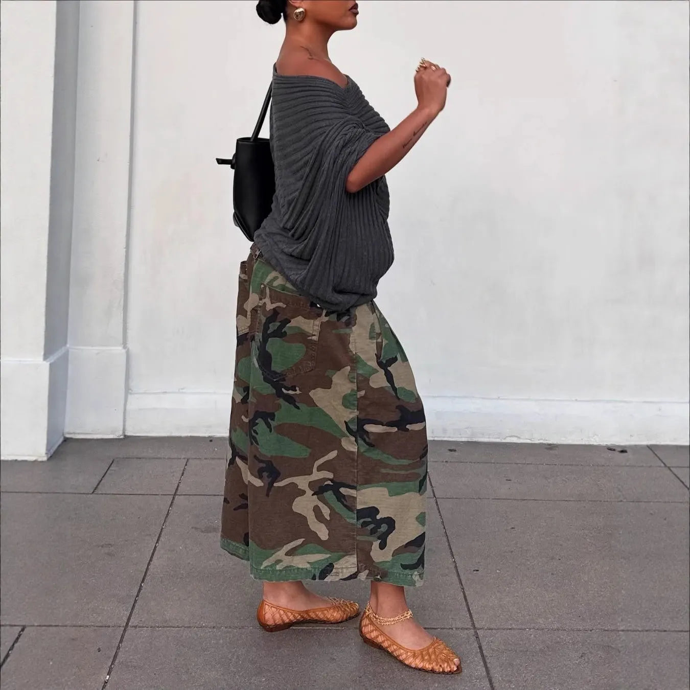 Vintage Camo Pleated Cropped Wide Leg Cargo Pants