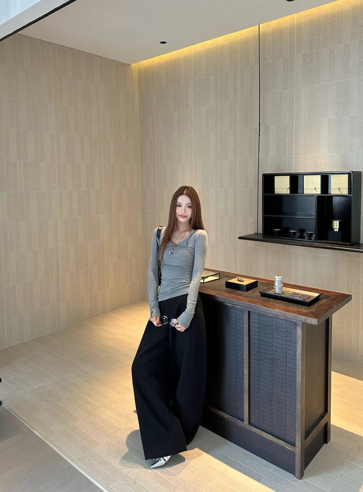 Mid-High Waist 3D Tailored Scimitar Wide Leg Suit Pants