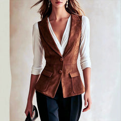 Black Fitted Blazer Vest, Sleeveless Notched Lapel Button Waistcoat for Office & Daily