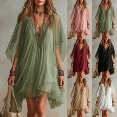 Deep V Neck Sheer Five-Quarter Sleeve Loose Irregular Hem Chiffon Mini Dress