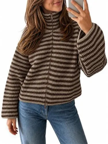 Striped Half Zip Turtleneck Knit Sweater Long Sleeve Cropped Ribbed Pullover