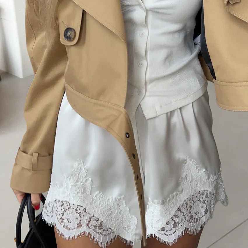 Lace Trim Satin High Waist Shorts