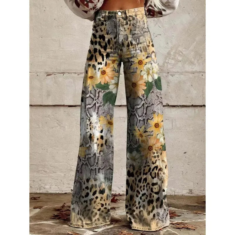High Waist Western Cowboy Horse Print Wide Leg Pants