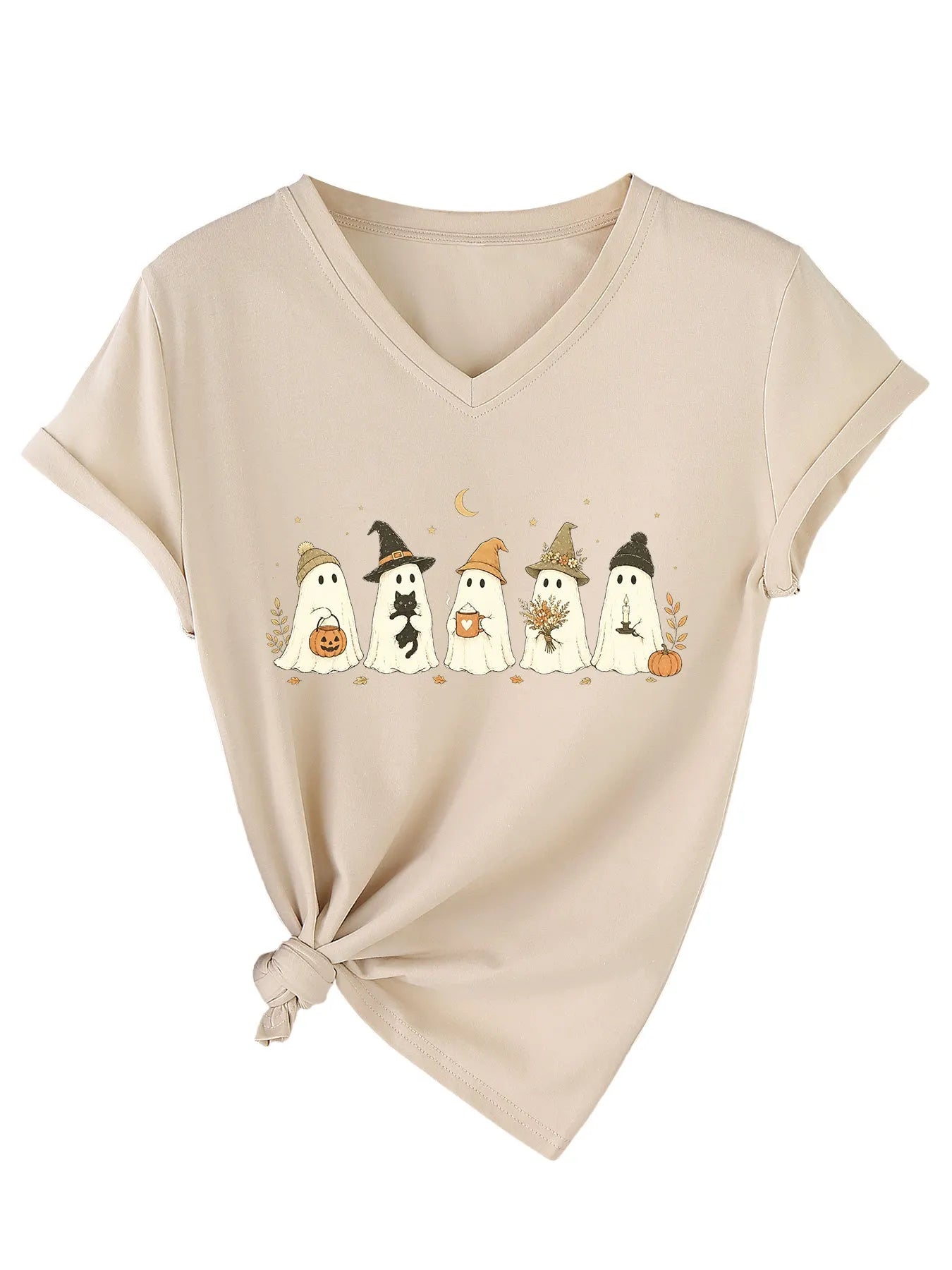 Cute Fall Ghosts Halloween V‑Neck T‑Shirt