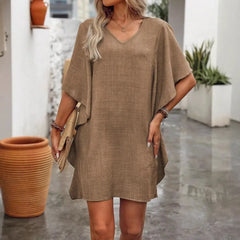 Loose V-Neck Ruffle Sleeve Mini Dress