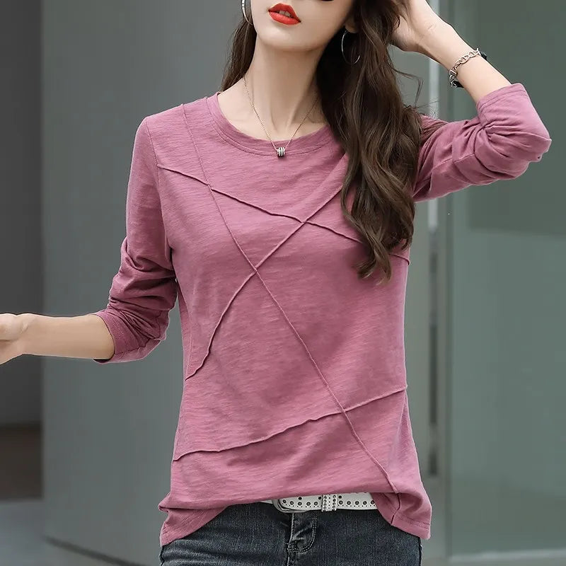 Solid Round Neck Spliced Grinding Pure Cotton Long Sleeve Slim Fit T-Shirt