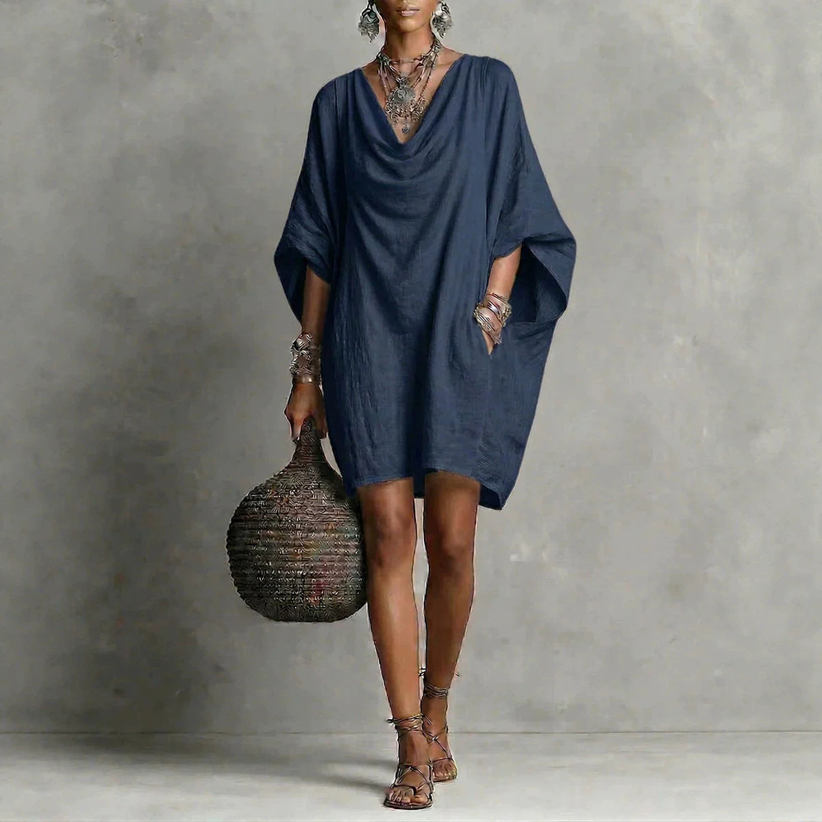 Dark Blue Cowl Neck Batwing Sleeve Midi Dress