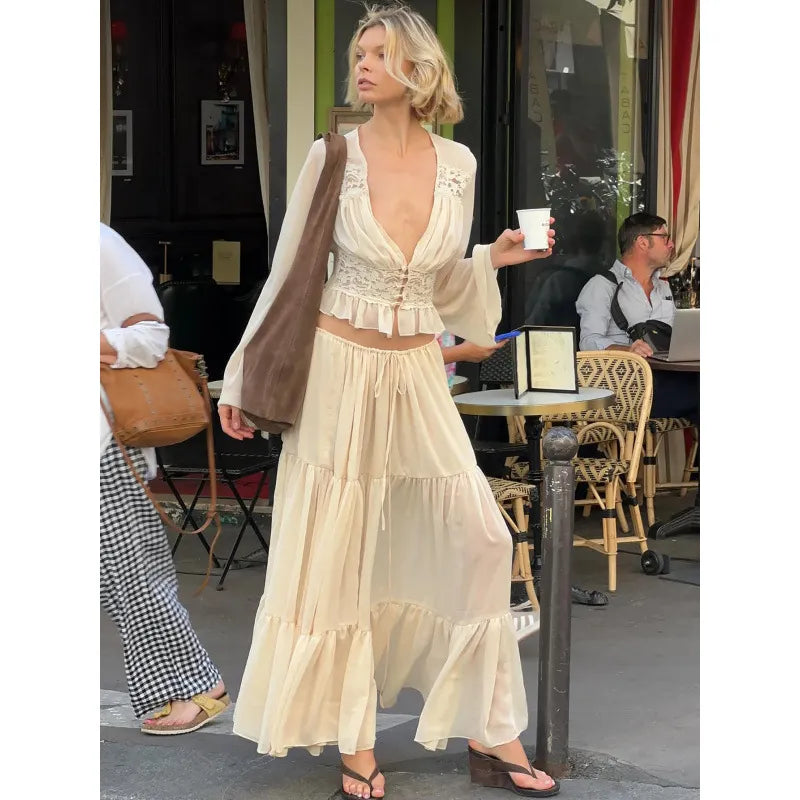 Matching Flowy Linen Look Lace Spliced V-Neck Long Sleeve Chiffon Tiered Skirt Two Piece Casual Daily Outfit Set