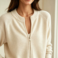 Solid Stand Collar Knit Zip Cardigan, Ladies Long Sleeve Ribbed Hem Casual Sweater Coat