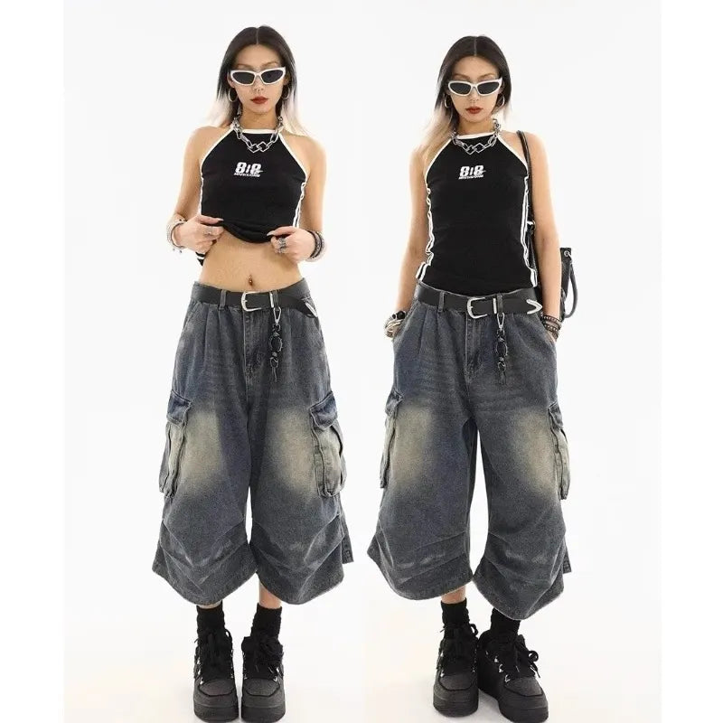 Multi Cargo Pocket Gradient Washed Cropped Baggy Jeans