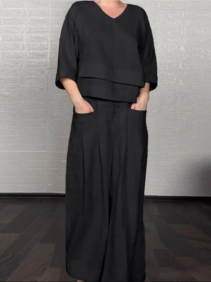 Loose V-Neck 2-Piece Outfit, Batwing Sleeve Top & Wide Leg Pants Set