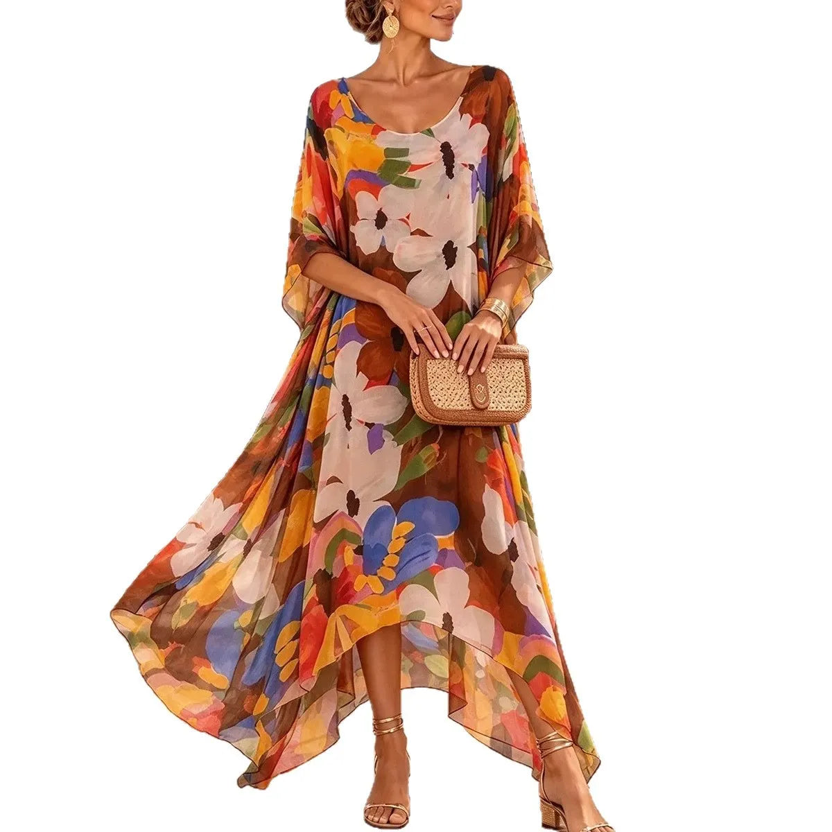 Colorful Floral Print Kaftan Maxi Dress, V-Neck Flowy Batwing Sleeve Beach Dress