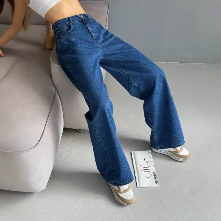 High Waist Stone Washed Dark Blue Slight Stretch Wide Leg Denim Long Jeans