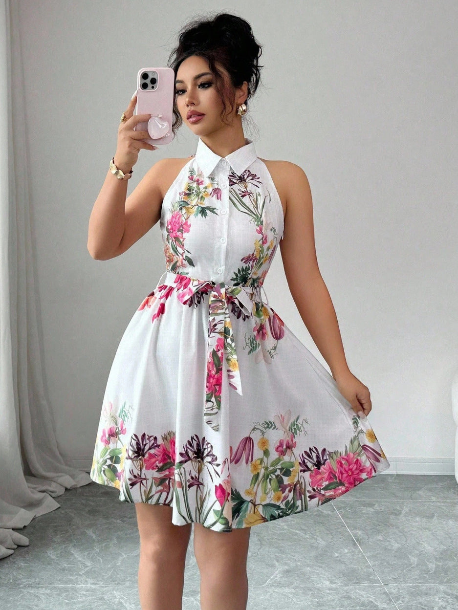 Black Floral Halter Neck A-Line Midi Dress