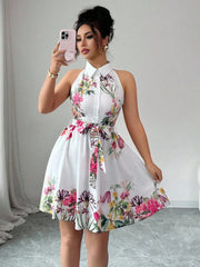 Black Floral Halter Neck A-Line Midi Dress