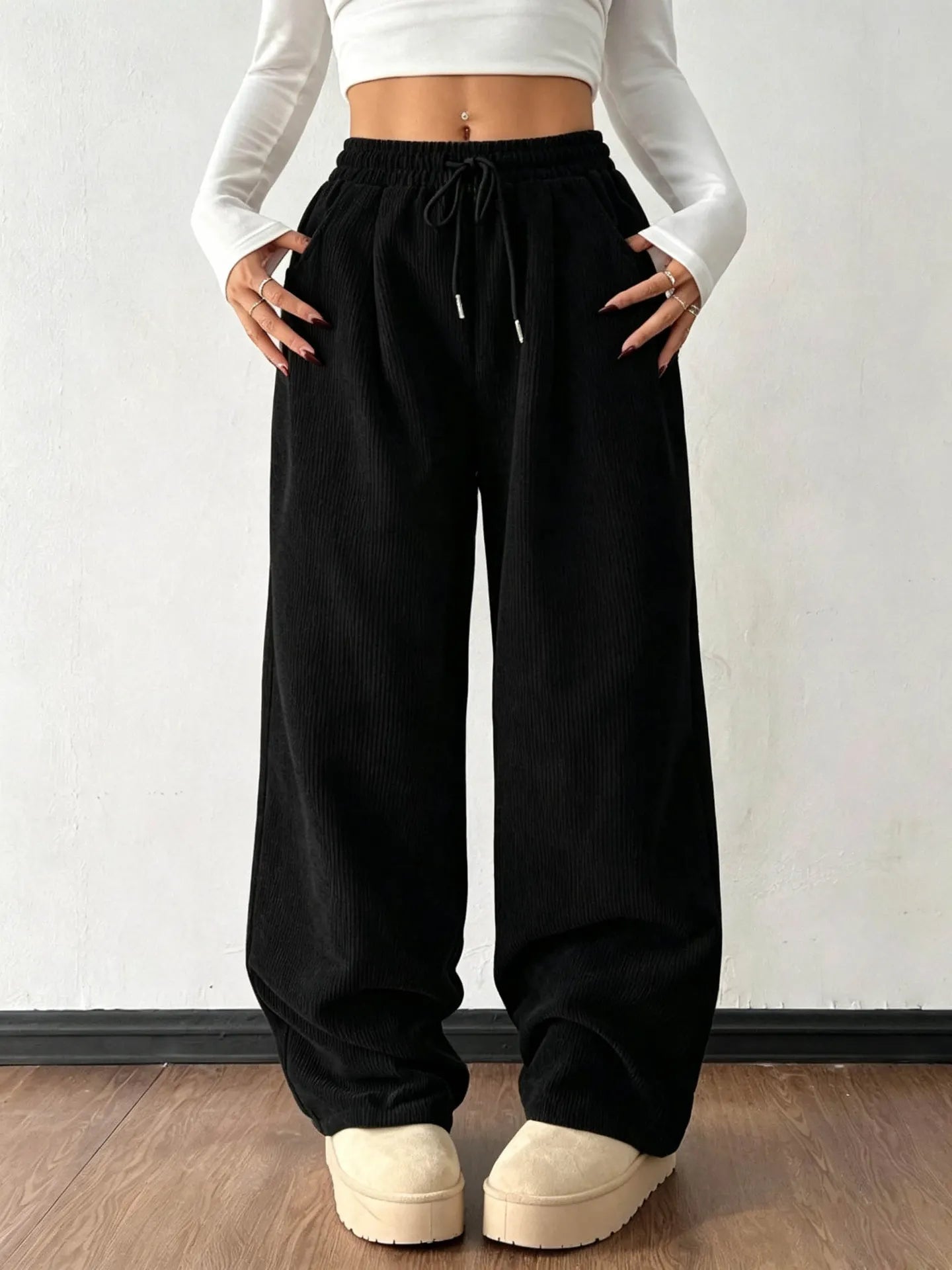 Drawstring Waist Straight Leg Casual Pants