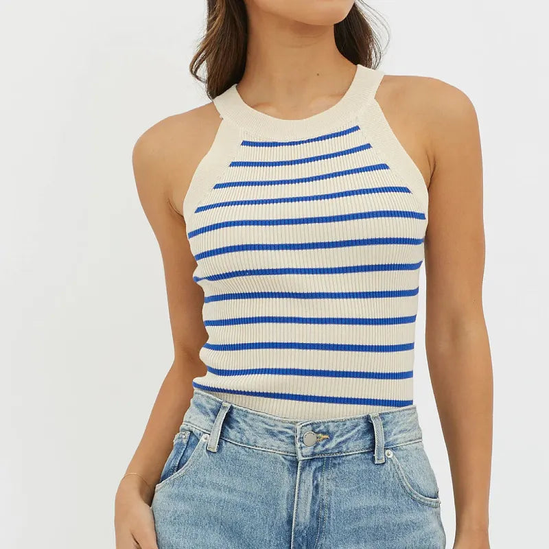 Halter Neck Vertical Stripe Ribbed Knit Crop Tank Top