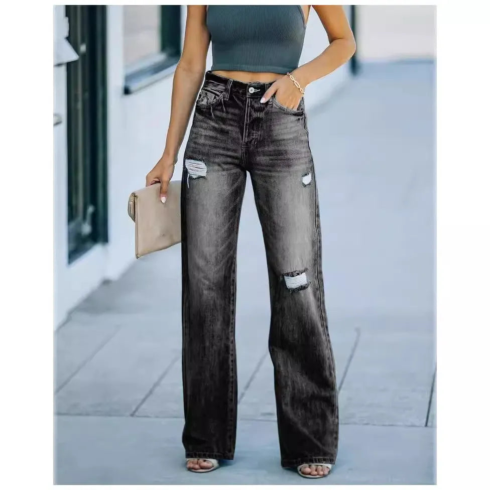 Ripped Distressed Wide Leg Denim Jeans