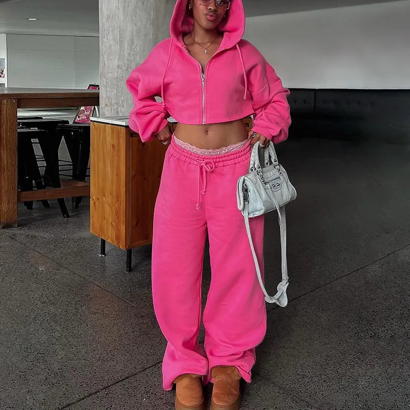 Cropped Hoodie Set, Zip-Up Sweatshirt & Wide Leg Sweatpants
