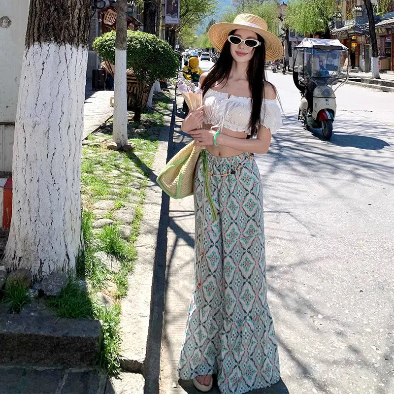 Geometric Printed High Waist Wide Leg Long Pants