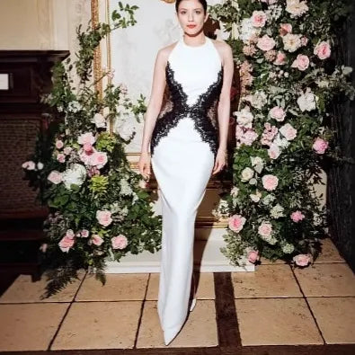 White & Black Lace Maxi Dress, Halter Neck X-Cutout Bodycon Formal Gown