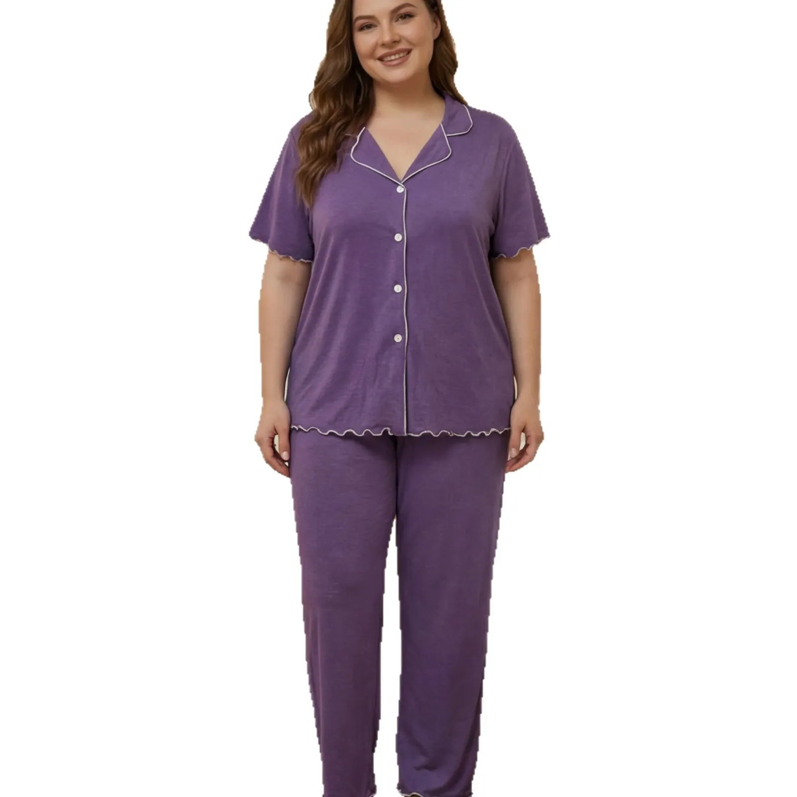 Wavy Lettuce Trim Short Sleeve Top & Long Pants Loungewear