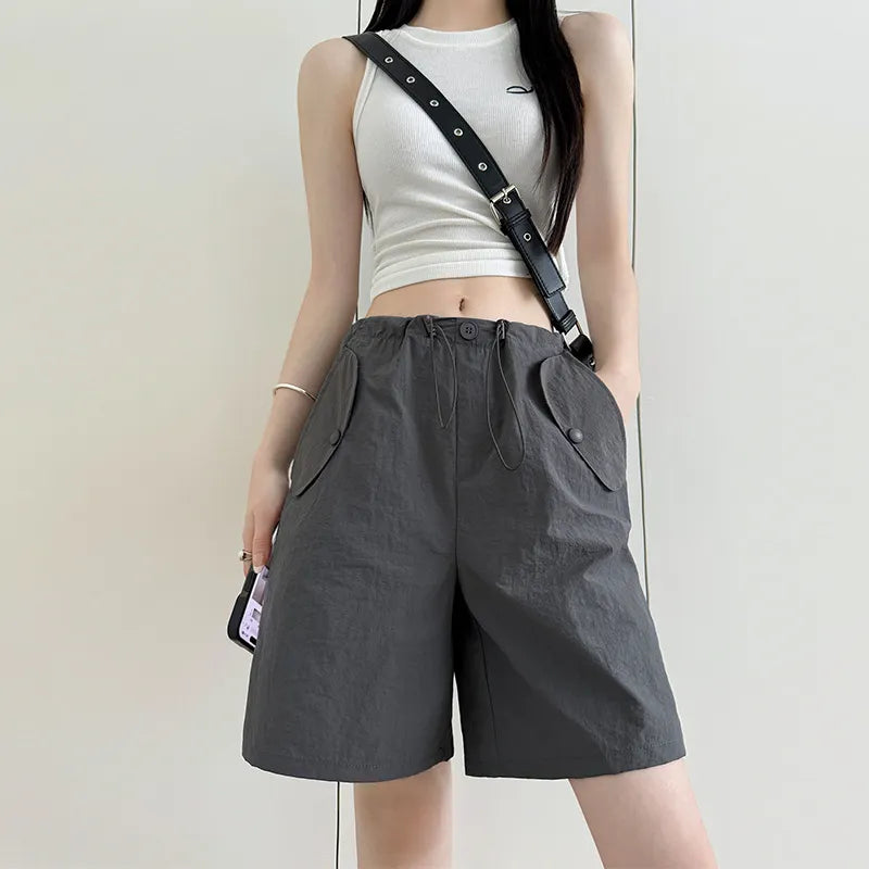 High Waist Drawstring Micro-Stretch Loose Straight Five-Point Shorts