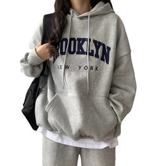 Brooklyn New York Letter Embossed Oversized Pullover Hoodie Casual Loose Sweatshirt