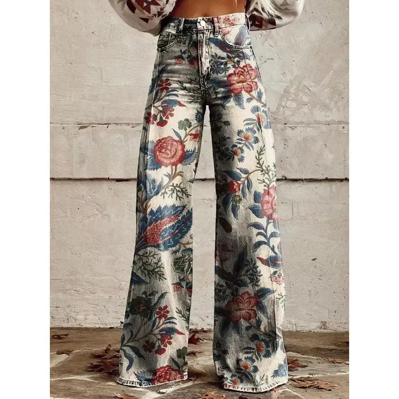 High Waist Western Cowboy Horse Print Wide Leg Pants