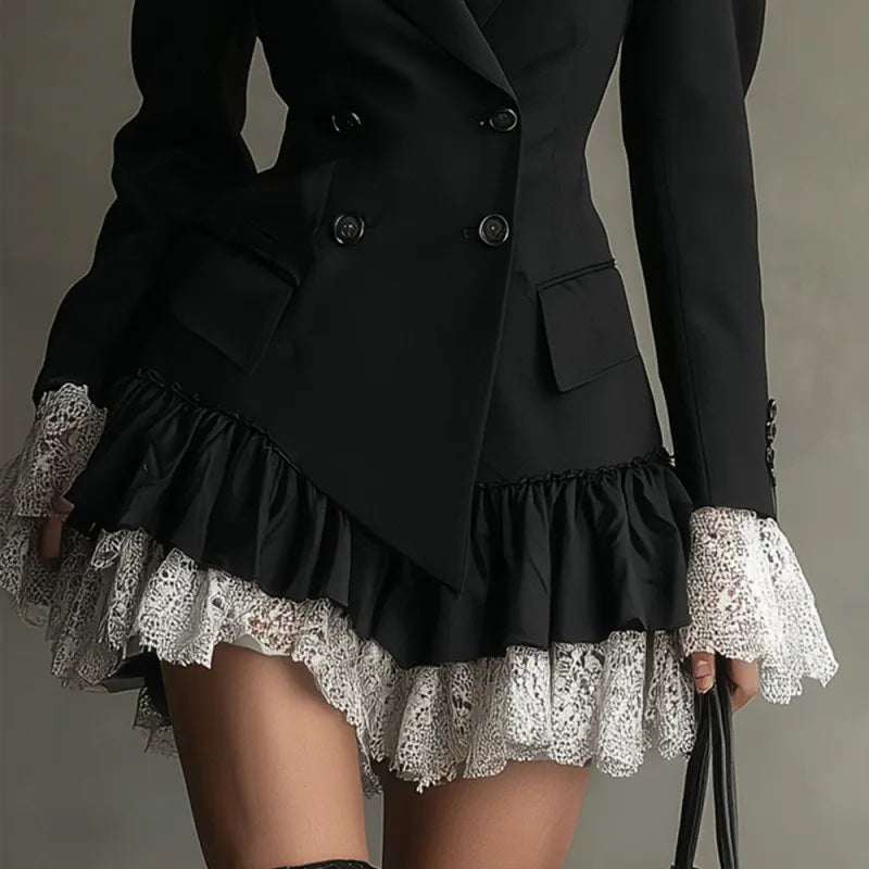 Black Lace Trim Double Breasted Blazer Mini Dress