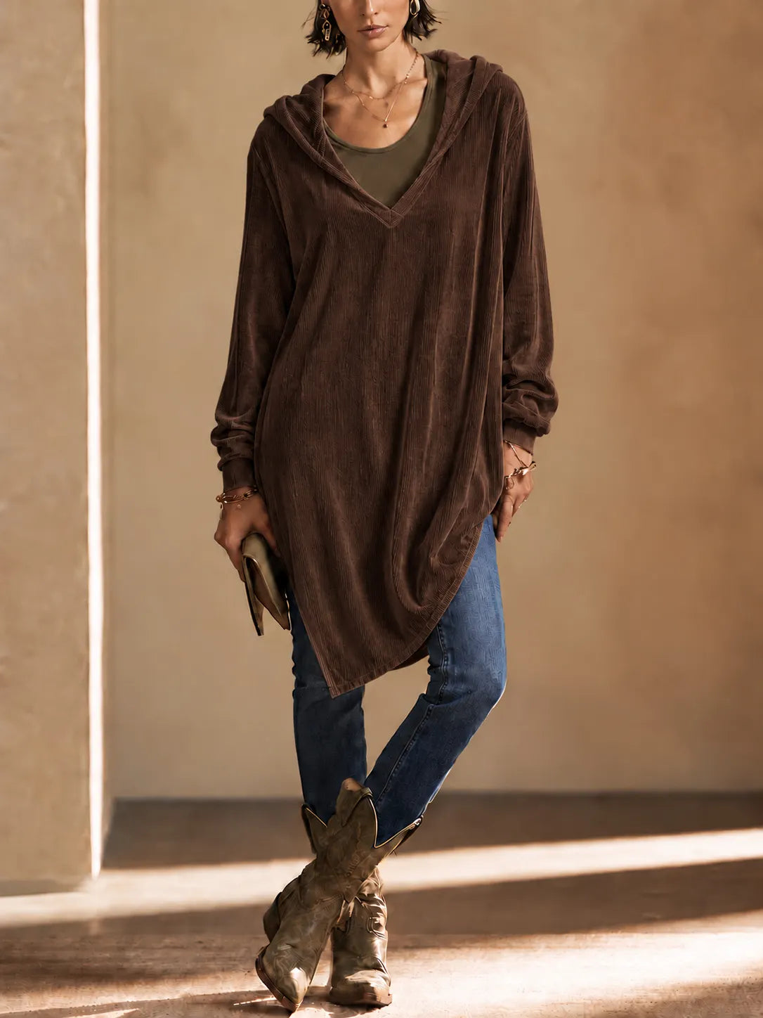 Loose Fit Corduroy V-Neck Hooded Long Sleeve Tunic Top