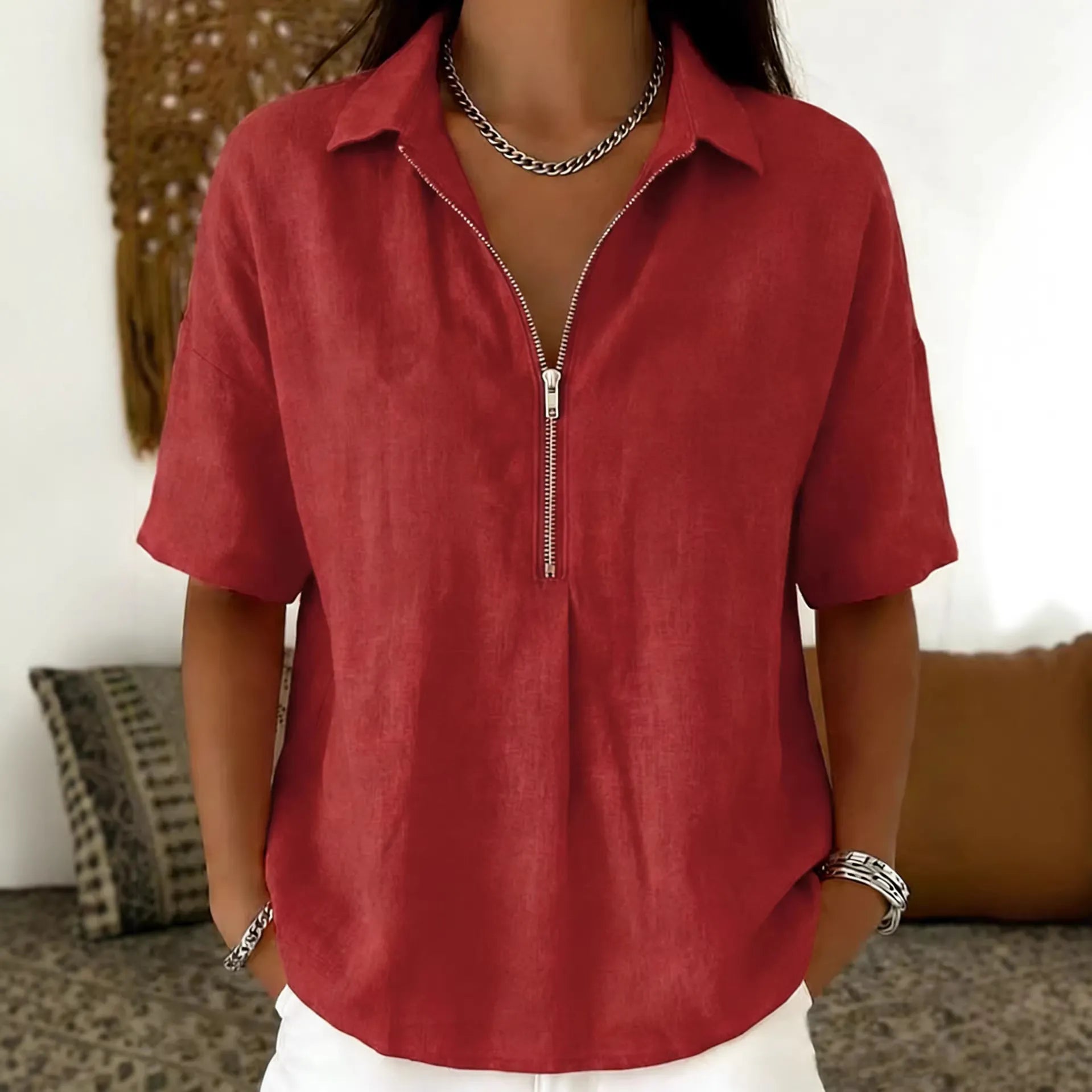 Solid Lapel Half Zip Short Sleeve Casual Top