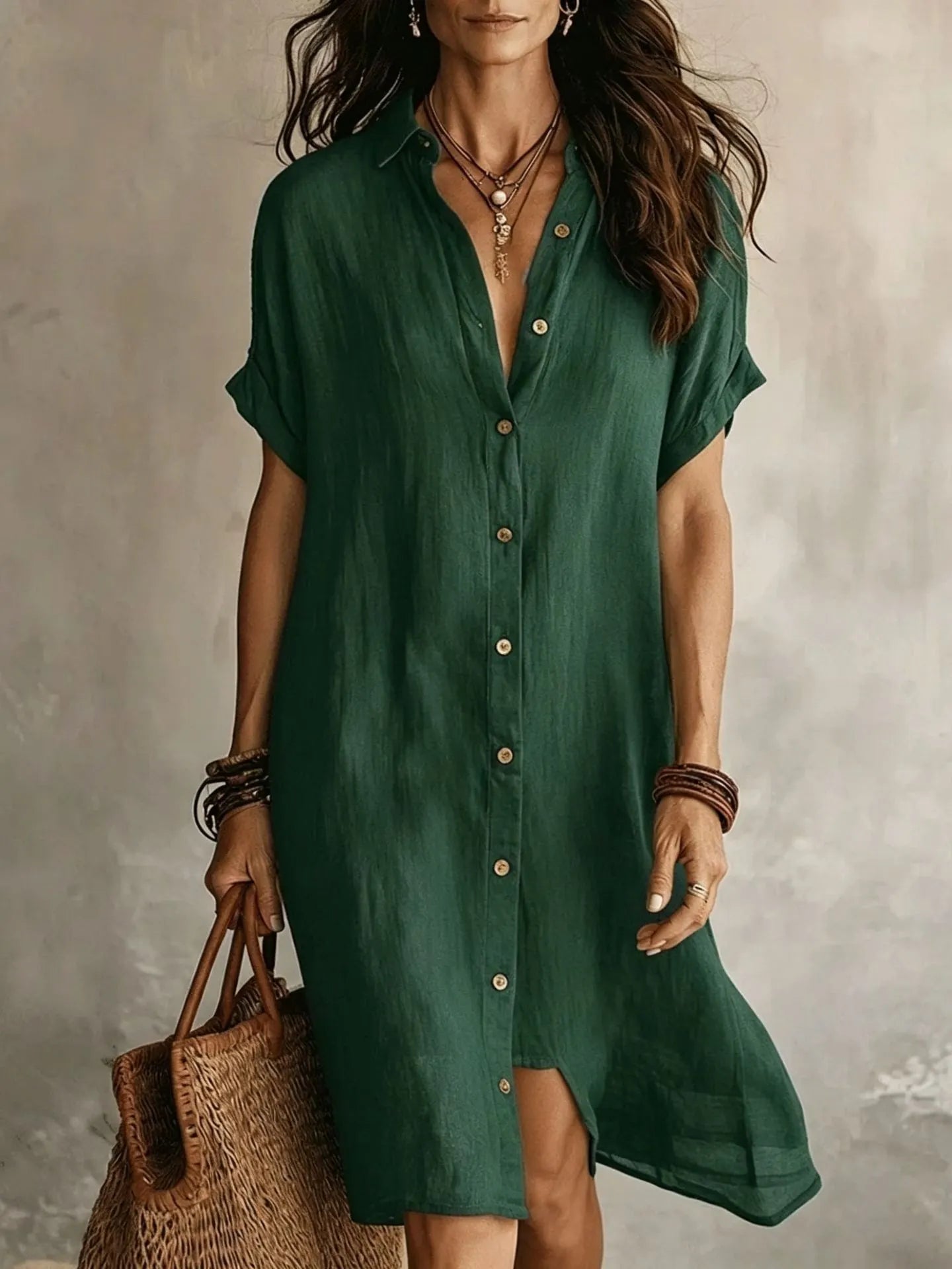Lapel Short Sleeve Single Breasted Loose Cotton Linen Shirt Midi Dress