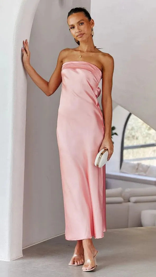 Orange Strapless Satin Slip Maxi Dress