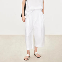 Mid Waist Pinch Pleats Loose Cropped Straight Commuter Casual Pants