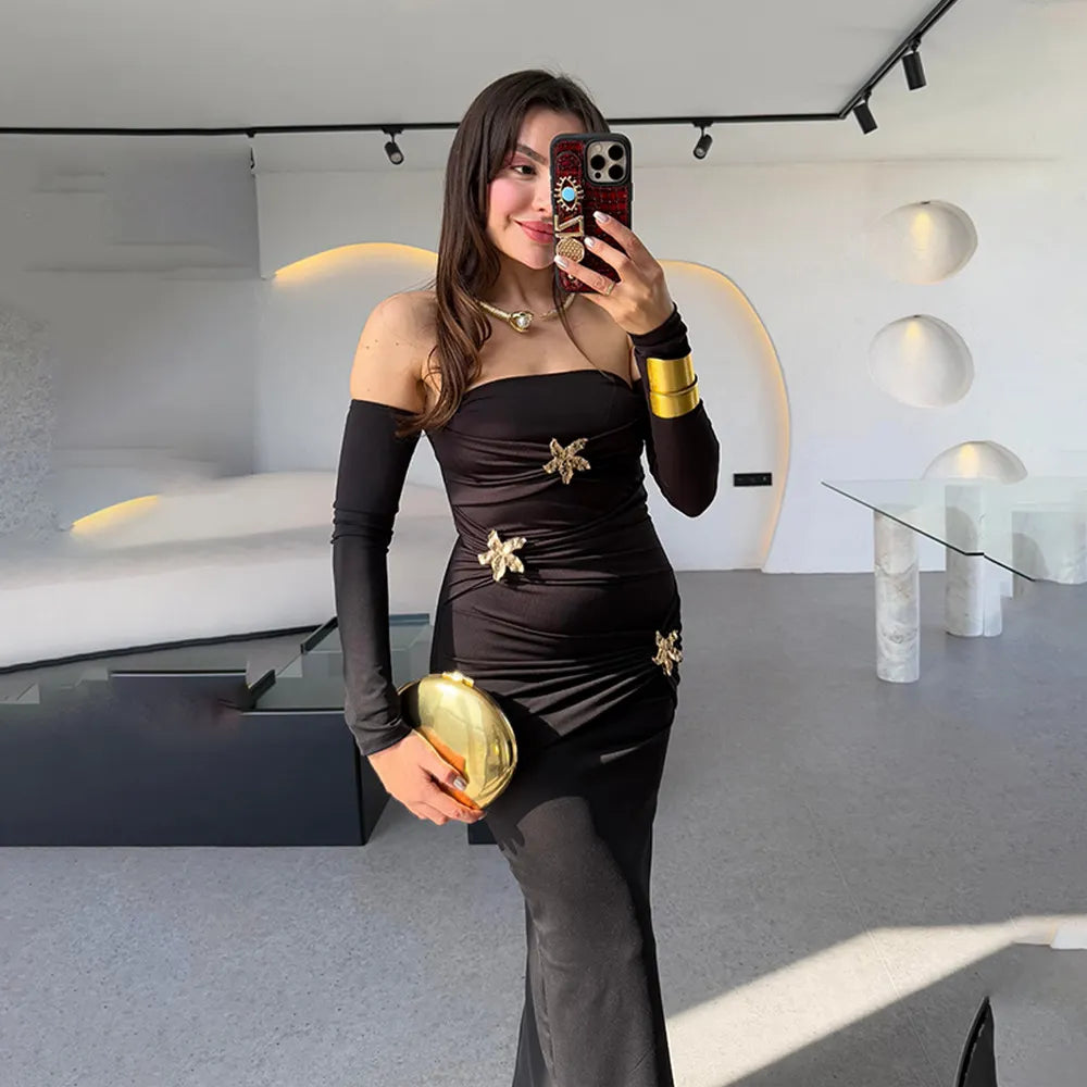 One-Shoulder Ruched Maxi Dress with Rhinestone Embellishments