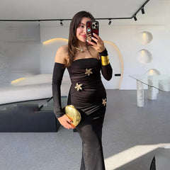 One-Shoulder Ruched Maxi Dress with Rhinestone Embellishments
