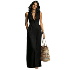 Sleeveless Collared Linen Shirt Maxi Dress