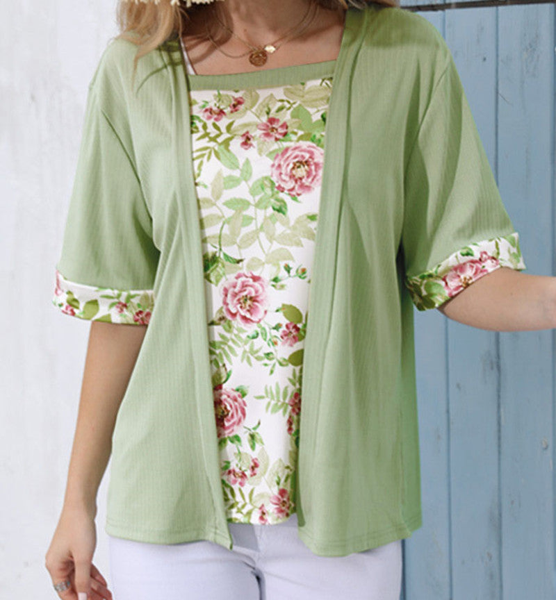 Square Neck Floral Print Fake Two-Piece Short Sleeve Loose Casual Top
