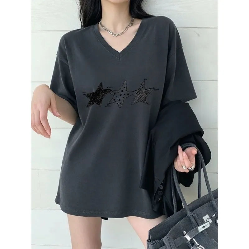 V Neck Pentagram Print Loose Pure Cotton Short Sleeve Casual T-shirt