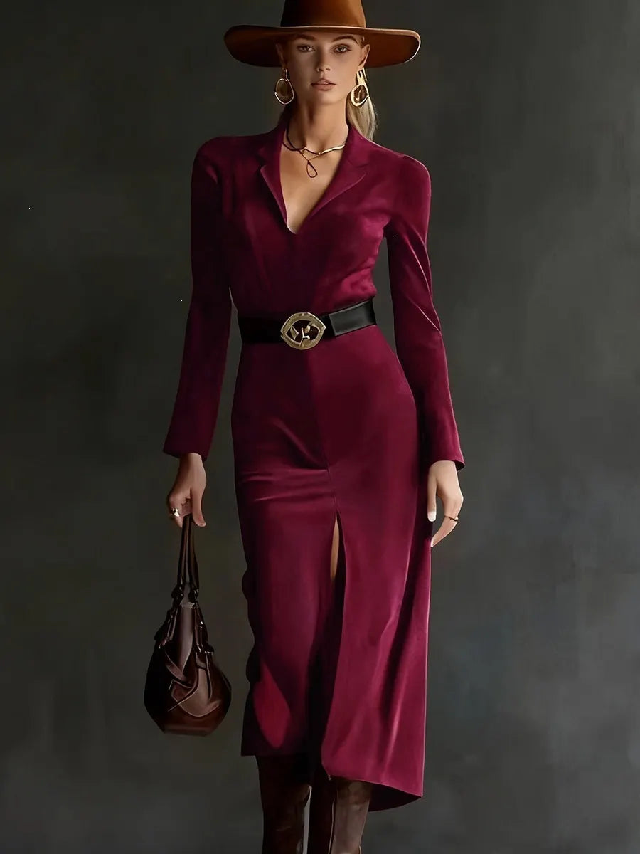 Brown Suede Lapel Long Sleeve Midi Dress With Belt