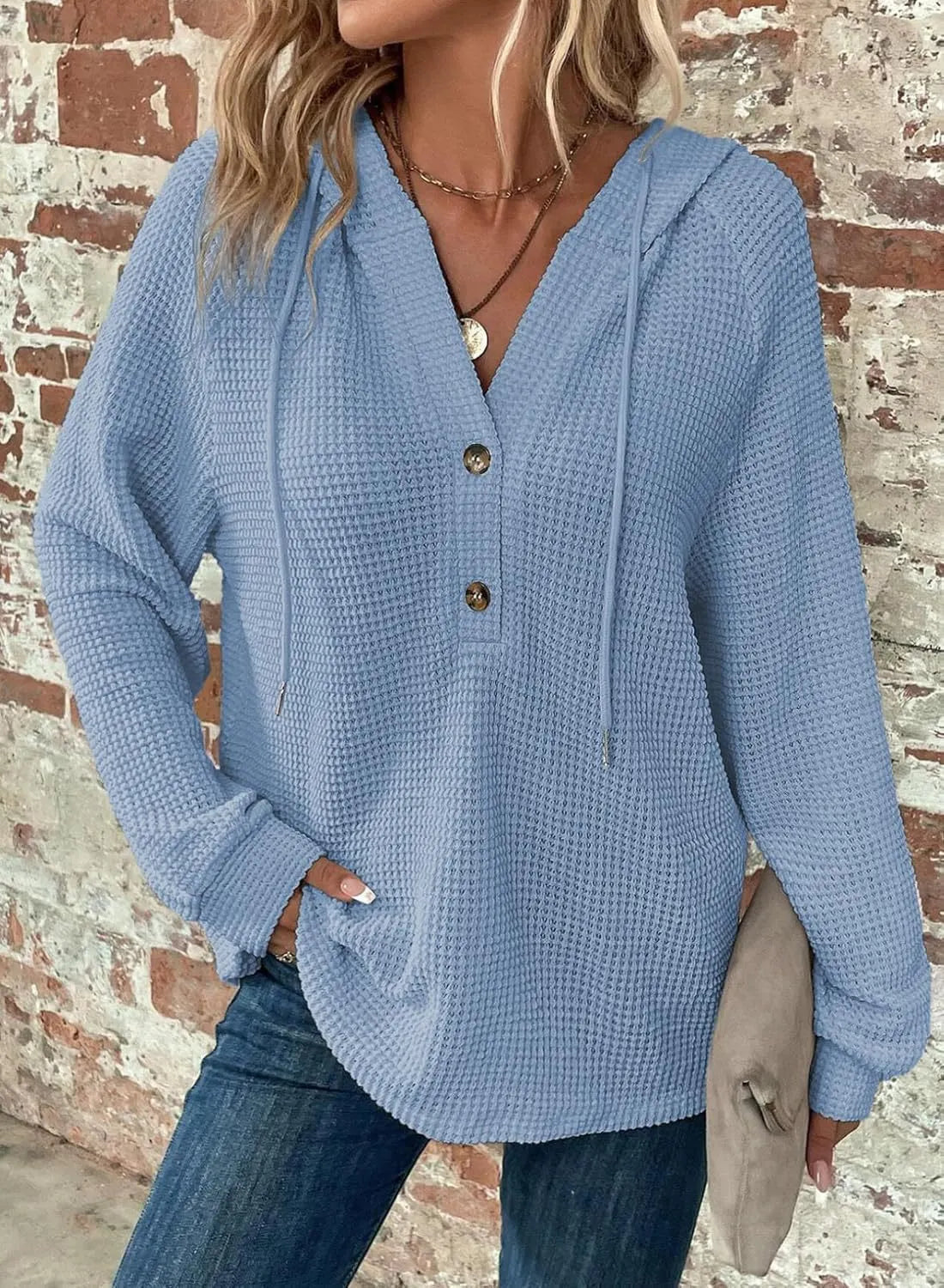 Waffle Knit Hooded Top, V-Neck Button Front Oversized Sweatshirt for Fall
