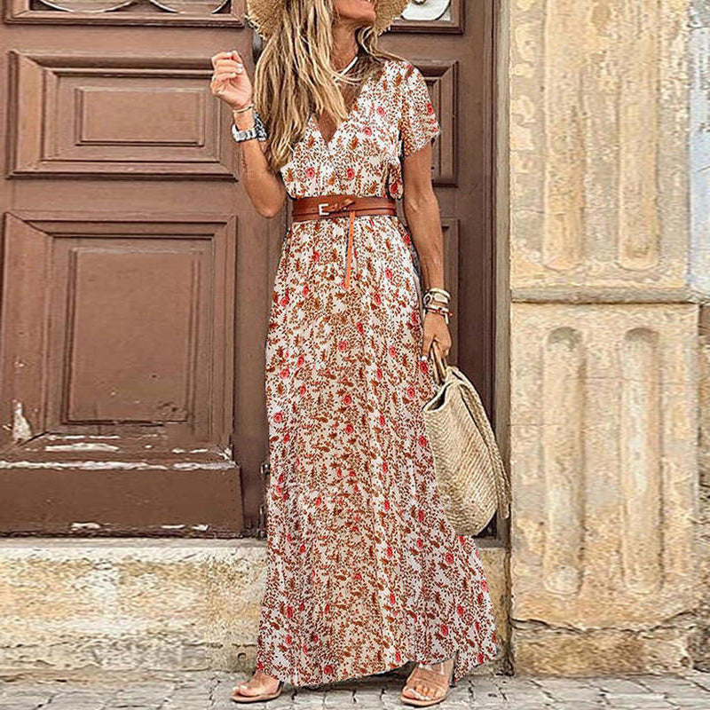 Wrap V Neck Short Sleeve Floral Print Maxi Dress