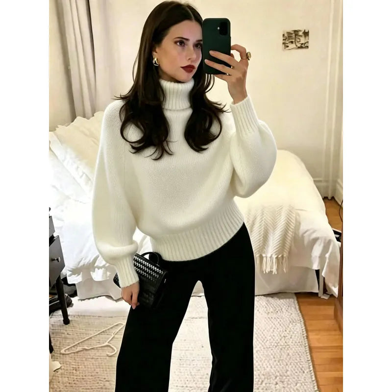 Oversized Chunky Knit Turtleneck Jumper Ladies Drop Shoulder Puff Sleeve Sweater, Long Sleeve / 5 Point Sleeve