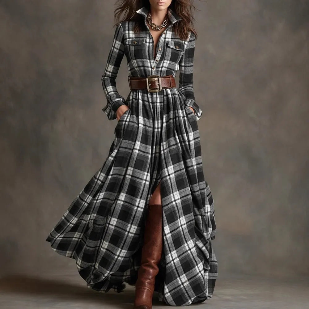 Vintage Western Tartan Plaid Maxi Dress for Collared Long Sleeve Flowy A Line Shirt Dress