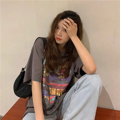 Oversized Crew Neck Retro Car Diner Graphic Loose Short Sleeve T-Shirt