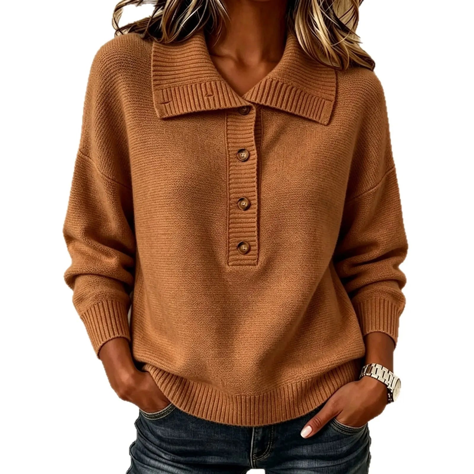 Casual Lapel Collar Knit Pullover, Soft Loose Fit Half Button Long Sleeve Sweater for Fall Winter