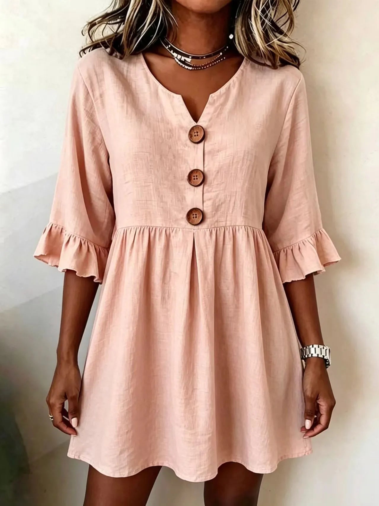 V-Neck Wooden Button Ruffle 3/4 Sleeve Loose Pleated Mini Dress
